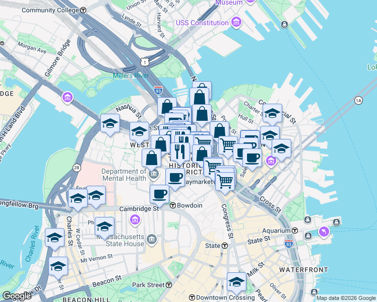map of restaurants, bars, coffee shops, grocery stores, and more near 217-231 Friend Street in Boston