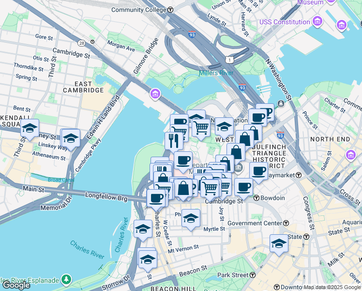 map of restaurants, bars, coffee shops, grocery stores, and more near Emerson Place in Boston