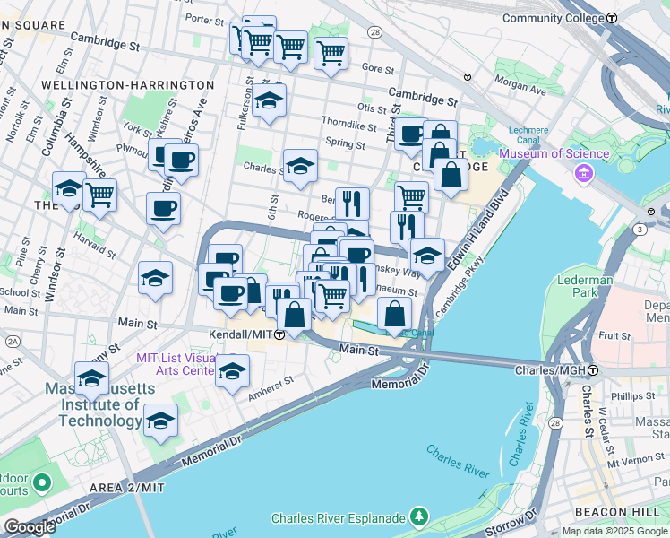 map of restaurants, bars, coffee shops, grocery stores, and more near 295 Third Street in Cambridge