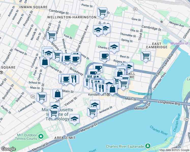 map of restaurants, bars, coffee shops, grocery stores, and more near 130 Broadway in Cambridge
