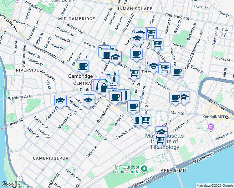 map of restaurants, bars, coffee shops, grocery stores, and more near 39 Bishop Richard Allen Drive in Cambridge