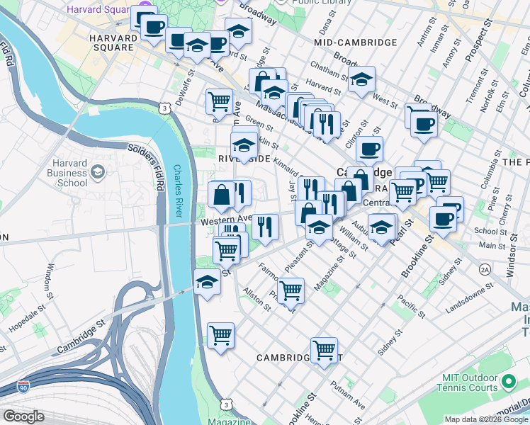 map of restaurants, bars, coffee shops, grocery stores, and more near 260 Western Avenue in Cambridge
