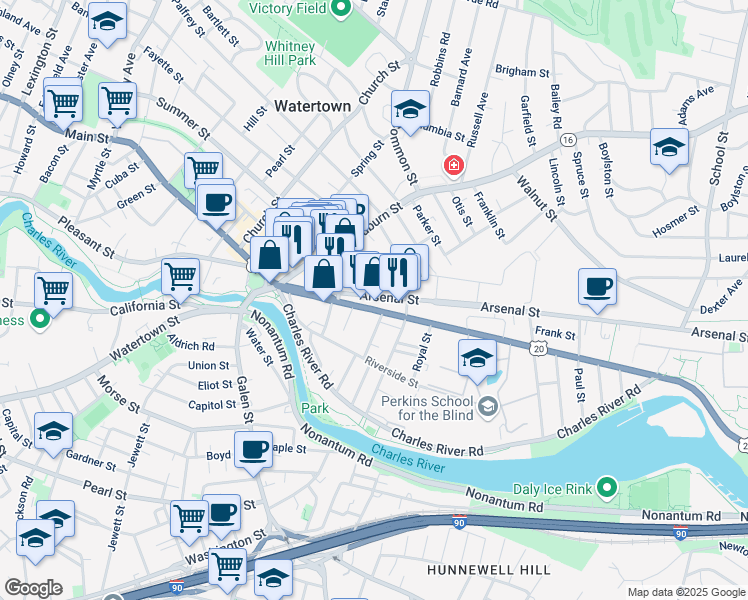 map of restaurants, bars, coffee shops, grocery stores, and more near 60 North Beacon Street in Watertown