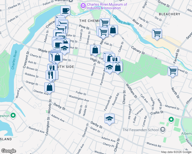 map of restaurants, bars, coffee shops, grocery stores, and more near 235 Ash Street in Waltham