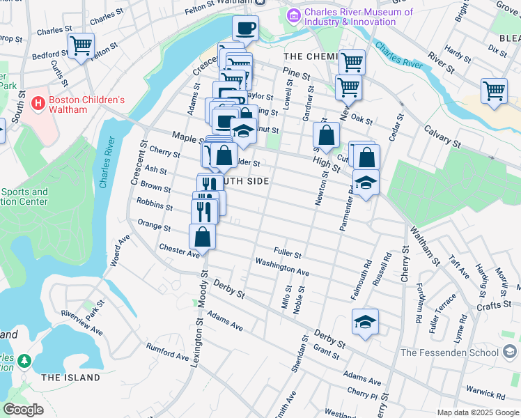 map of restaurants, bars, coffee shops, grocery stores, and more near 174 Brown Street in Waltham