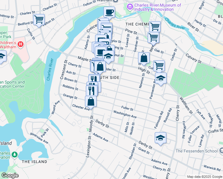 map of restaurants, bars, coffee shops, grocery stores, and more near 147-149 Brown Street in Waltham