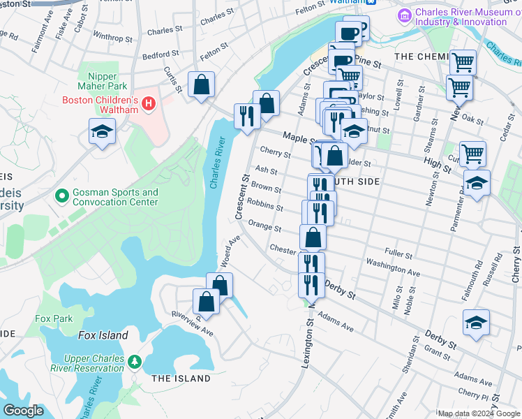 map of restaurants, bars, coffee shops, grocery stores, and more near 22 Orange Street in Waltham