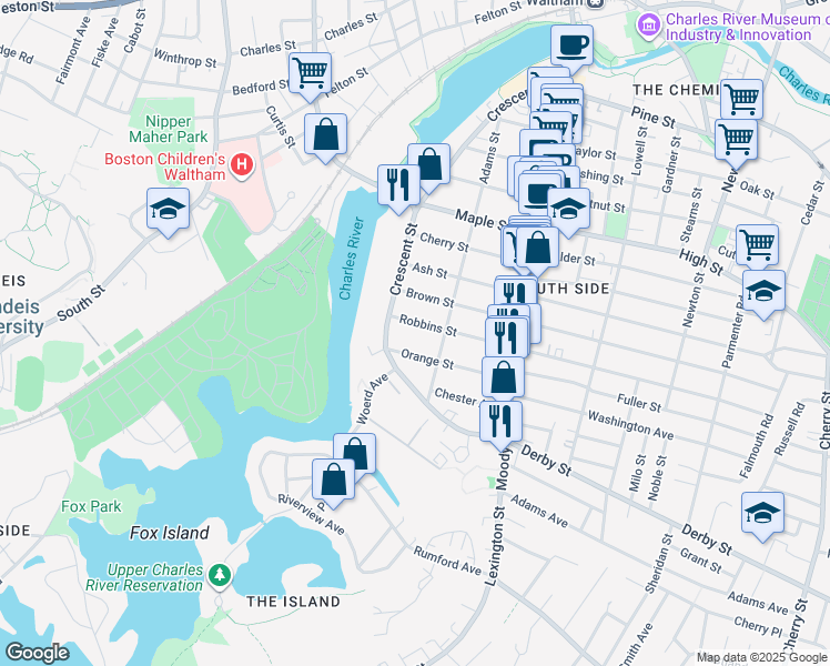 map of restaurants, bars, coffee shops, grocery stores, and more near 22 Orange Street in Waltham
