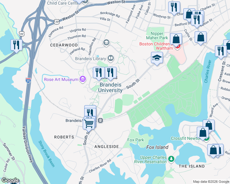 map of restaurants, bars, coffee shops, grocery stores, and more near 480 South Street in Waltham