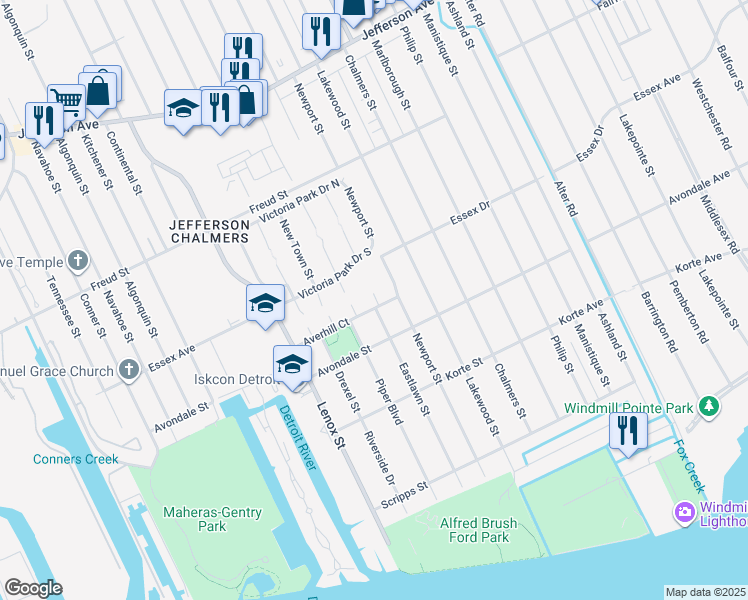 map of restaurants, bars, coffee shops, grocery stores, and more near 429 Newport Street in Detroit