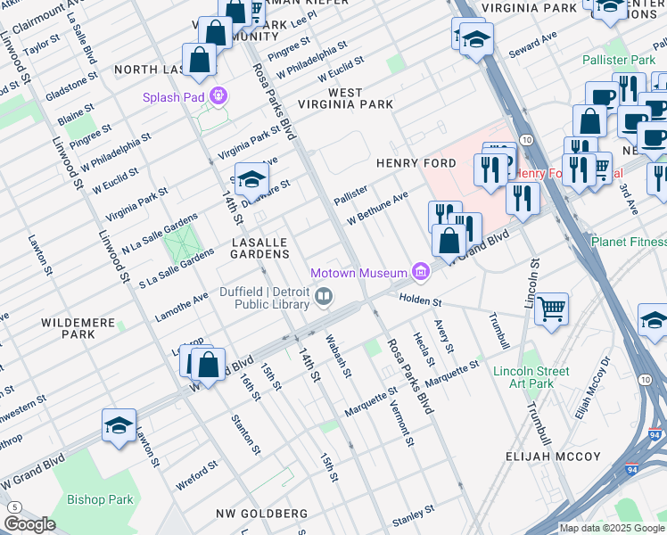map of restaurants, bars, coffee shops, grocery stores, and more near 1943 Lothrop Street in Detroit