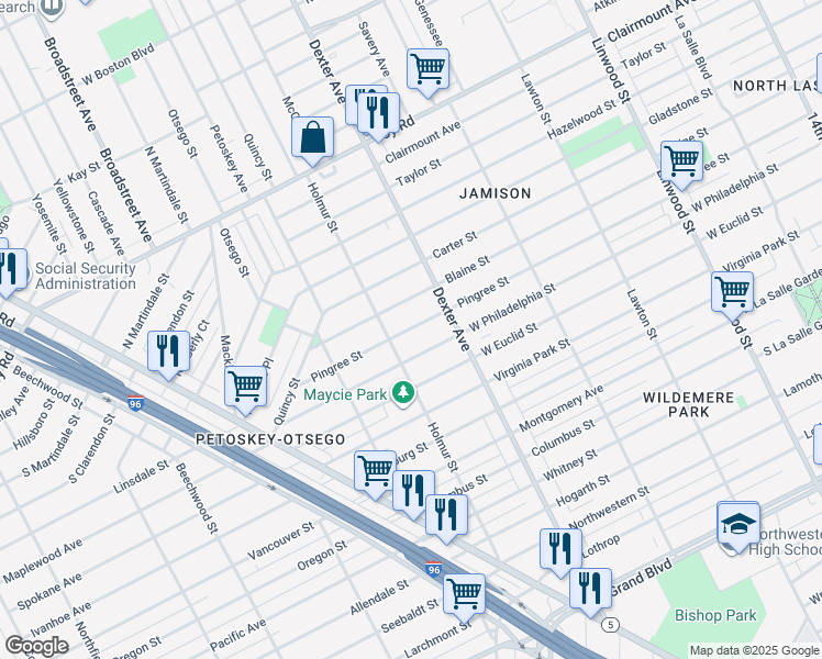 map of restaurants, bars, coffee shops, grocery stores, and more near 3815 Pingree Street in Detroit