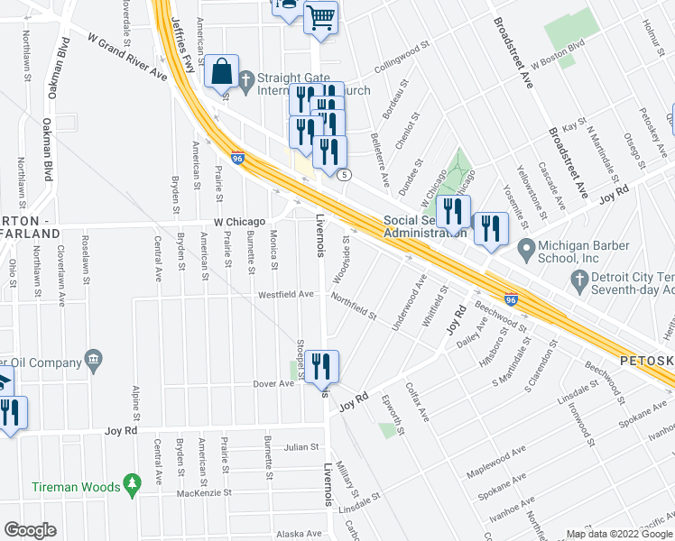 map of restaurants, bars, coffee shops, grocery stores, and more near 9344 Woodside Street in Detroit