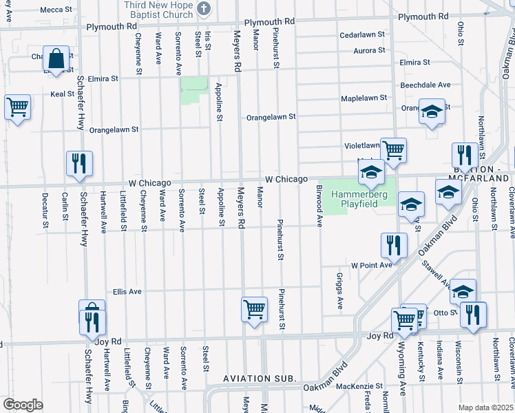 map of restaurants, bars, coffee shops, grocery stores, and more near 9336 Meyers Road in Detroit