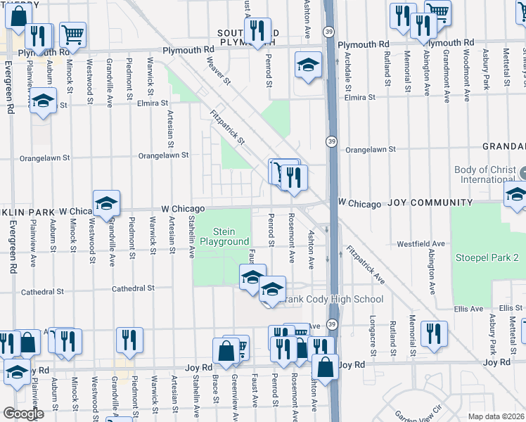 map of restaurants, bars, coffee shops, grocery stores, and more near 9390 Faust Avenue in Detroit