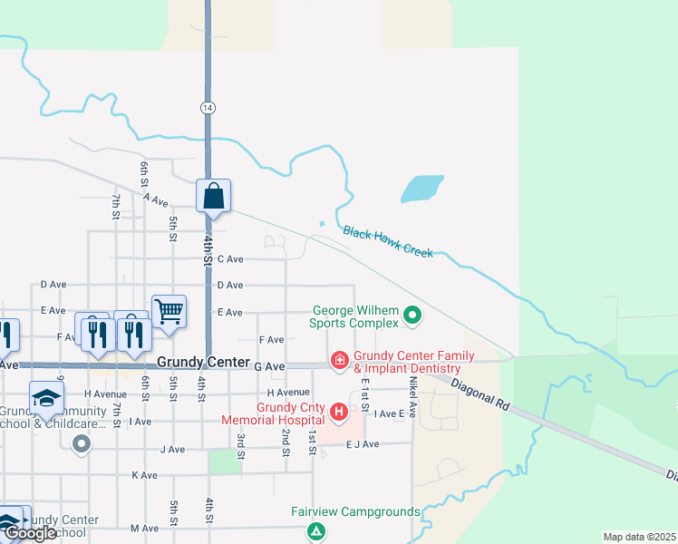 map of restaurants, bars, coffee shops, grocery stores, and more near 101-199 D Avenue in Grundy Center