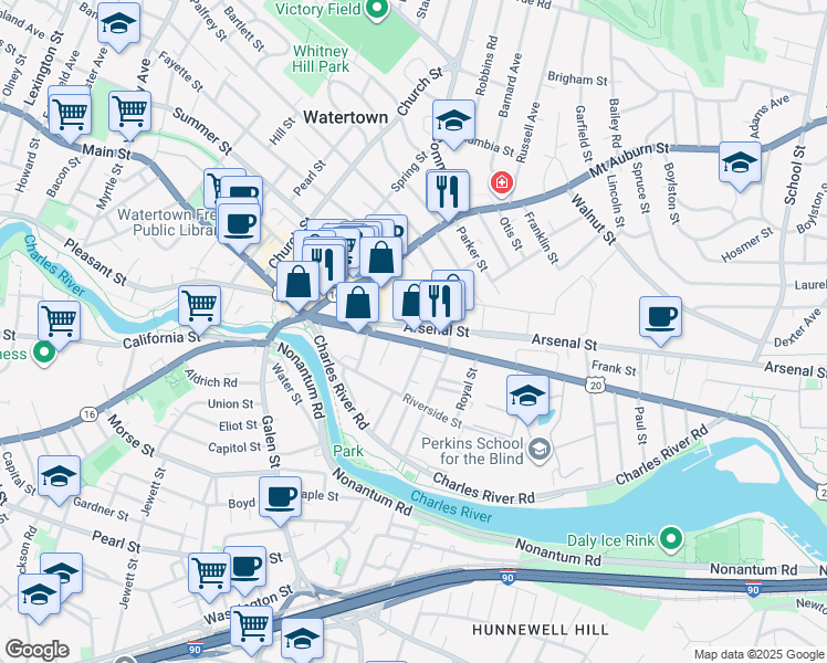 map of restaurants, bars, coffee shops, grocery stores, and more near 87 Arsenal Street in Watertown