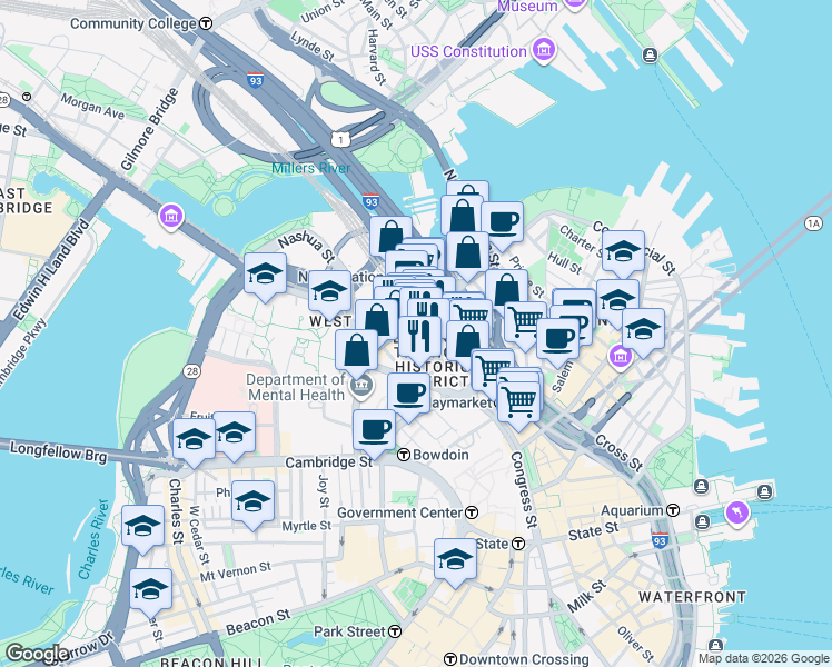 map of restaurants, bars, coffee shops, grocery stores, and more near 109 Causeway Street in Boston