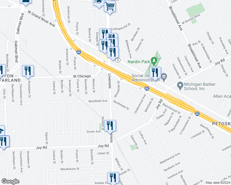 map of restaurants, bars, coffee shops, grocery stores, and more near 9351 Woodside Street in Detroit