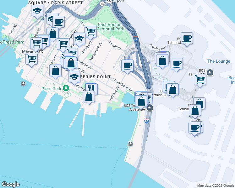 map of restaurants, bars, coffee shops, grocery stores, and more near 30 Jeffries Street in Boston