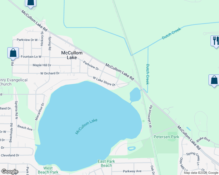 map of restaurants, bars, coffee shops, grocery stores, and more near 4525 West Lake Shore Drive in McHenry