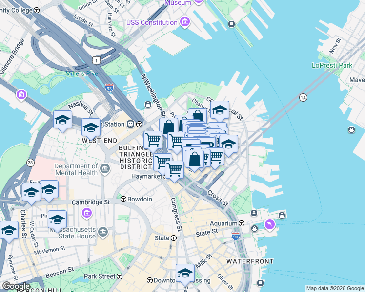 map of restaurants, bars, coffee shops, grocery stores, and more near 21 Cooper Street in Boston