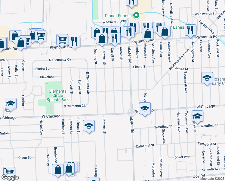 map of restaurants, bars, coffee shops, grocery stores, and more near 9663 Cavell Street in Livonia