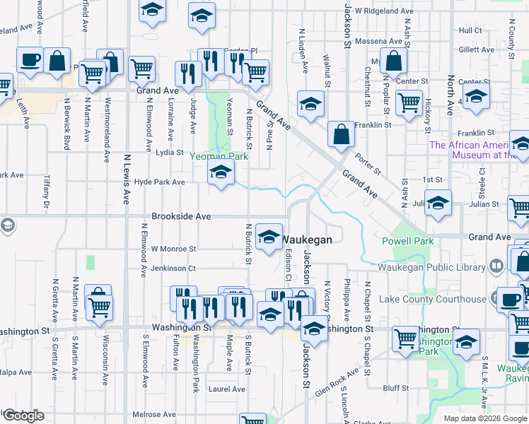 map of restaurants, bars, coffee shops, grocery stores, and more near 1306 Brookside Avenue in Waukegan