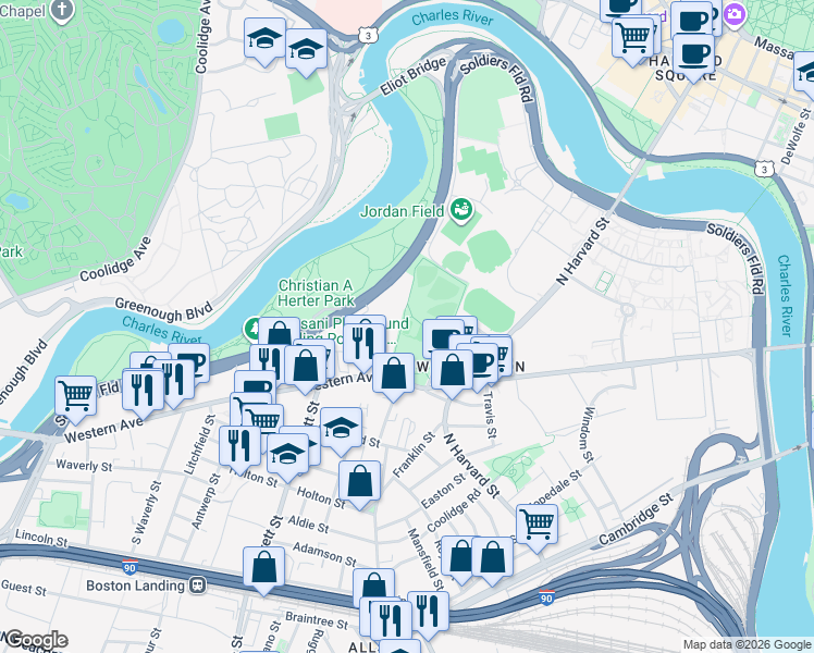 map of restaurants, bars, coffee shops, grocery stores, and more near 1120-1150 Soldiers Field Road in Boston