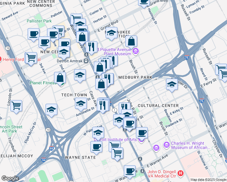 map of restaurants, bars, coffee shops, grocery stores, and more near 71e East Edsel Ford Freeway in Detroit