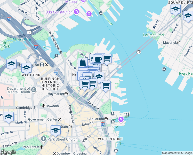 map of restaurants, bars, coffee shops, grocery stores, and more near 15-17 North Square in Boston