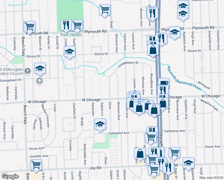 map of restaurants, bars, coffee shops, grocery stores, and more near 9535 Winston in Redford Charter Township