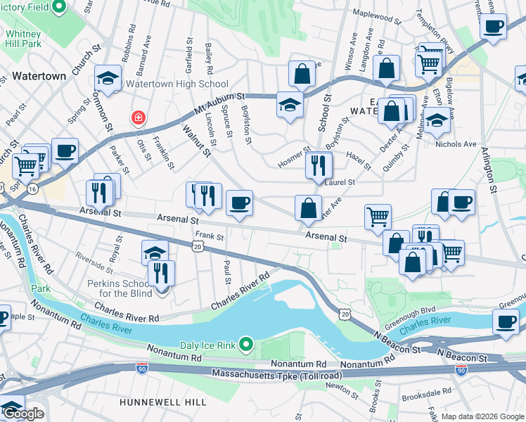 map of restaurants, bars, coffee shops, grocery stores, and more near 143 Walnut Street in Watertown