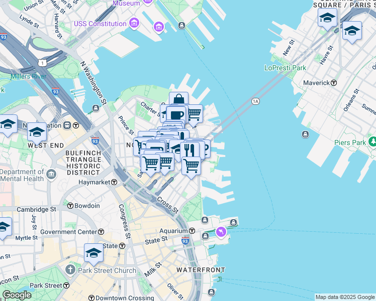 map of restaurants, bars, coffee shops, grocery stores, and more near 302-304 North Street in Boston