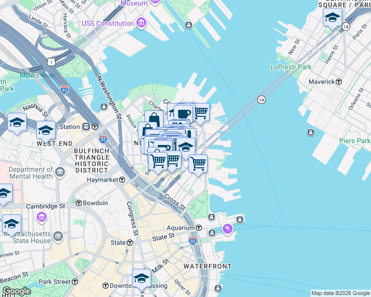 map of restaurants, bars, coffee shops, grocery stores, and more near 15-17 North Square in Boston