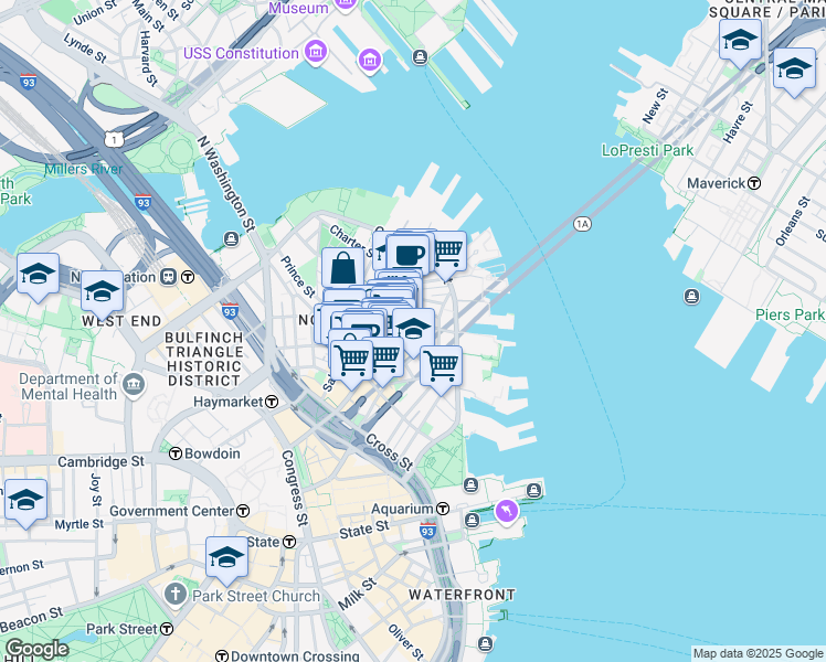 map of restaurants, bars, coffee shops, grocery stores, and more near 15-17 North Square in Boston