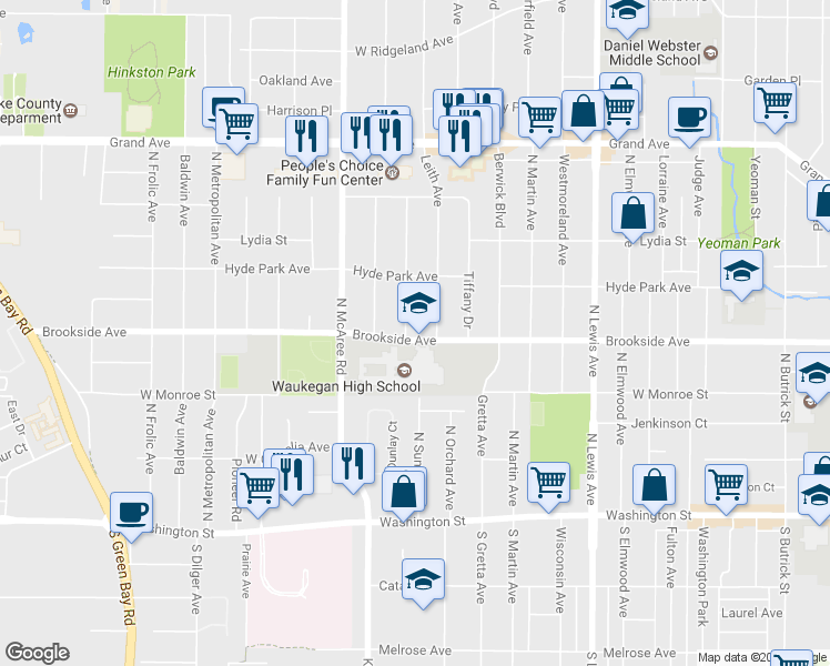 map of restaurants, bars, coffee shops, grocery stores, and more near 2340 Brookside Avenue in Waukegan