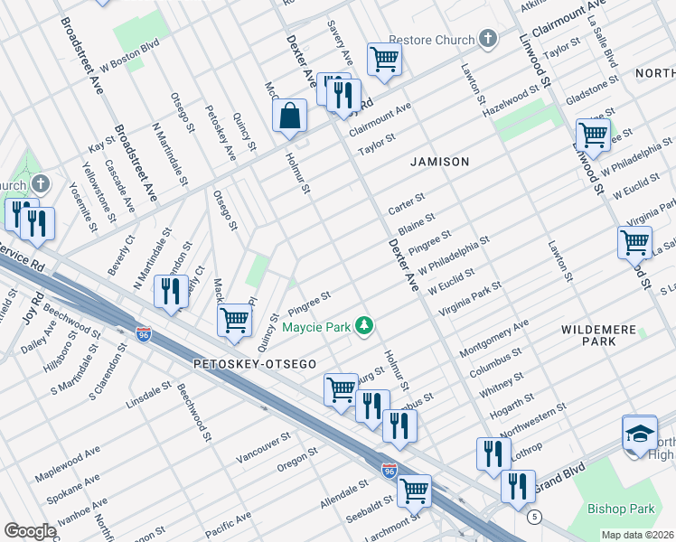 map of restaurants, bars, coffee shops, grocery stores, and more near 4057 Blaine Street in Detroit