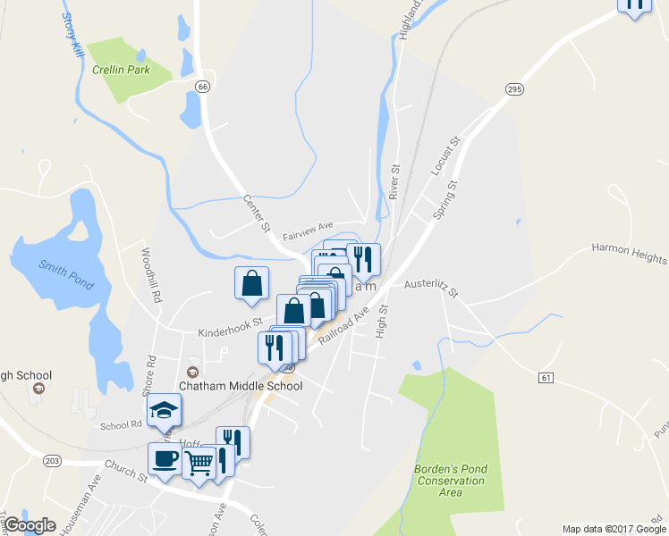 map of restaurants, bars, coffee shops, grocery stores, and more near 12 Mill Street in Chatham