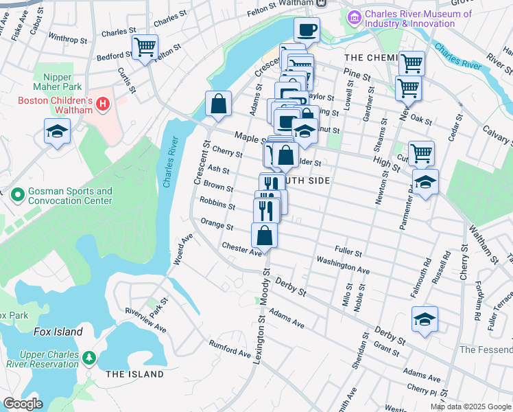 map of restaurants, bars, coffee shops, grocery stores, and more near 82 Robbins Street in Waltham