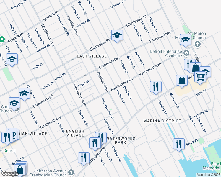 map of restaurants, bars, coffee shops, grocery stores, and more near 10103 Kercheval St in Detroit