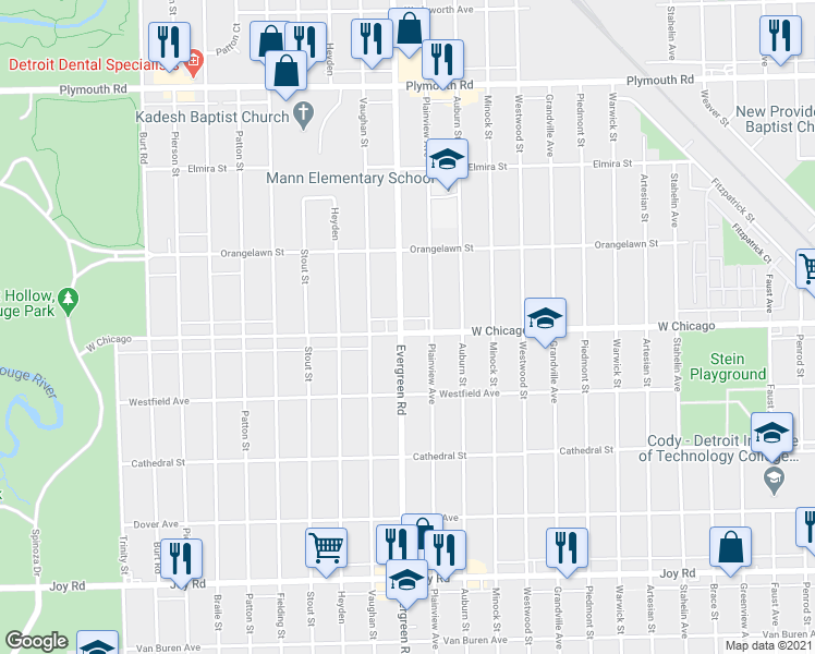 map of restaurants, bars, coffee shops, grocery stores, and more near 19840 W Chicago St in Detroit