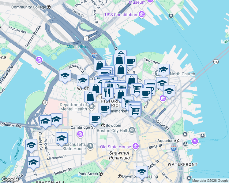 map of restaurants, bars, coffee shops, grocery stores, and more near 101 Canal Street in Boston