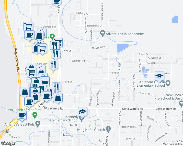 map of restaurants, bars, coffee shops, grocery stores, and more near 3239 Ford Drive in Medford