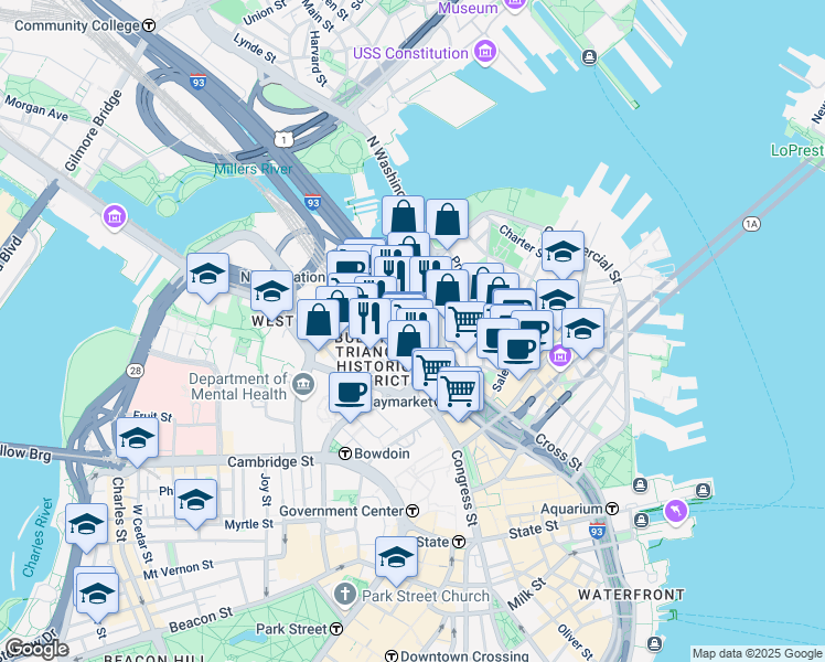 map of restaurants, bars, coffee shops, grocery stores, and more near 60 Valenti Way in Boston