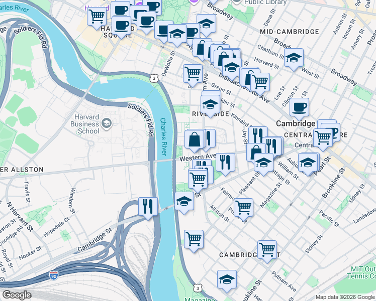 map of restaurants, bars, coffee shops, grocery stores, and more near 381-383 Western Avenue in Cambridge