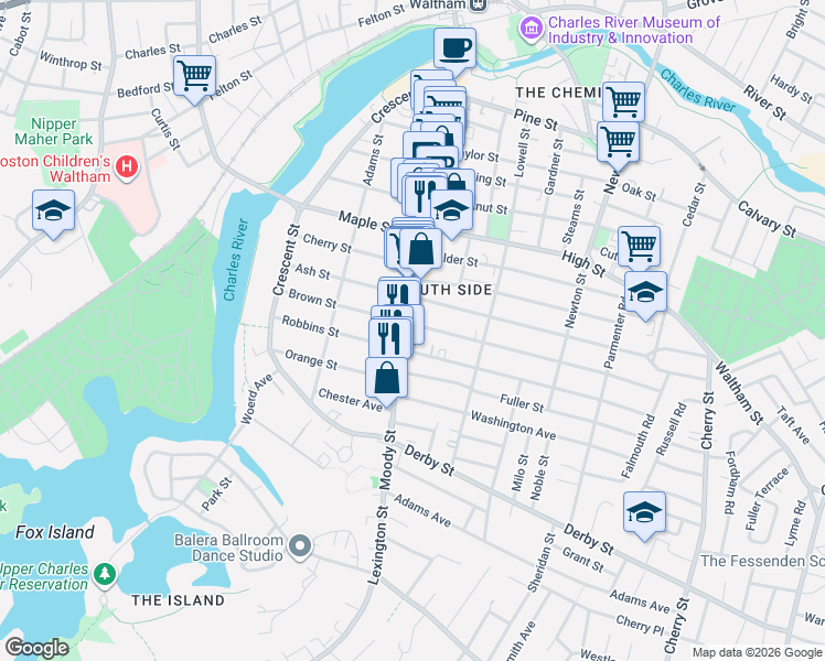 map of restaurants, bars, coffee shops, grocery stores, and more near 116 Robbins Street in Waltham