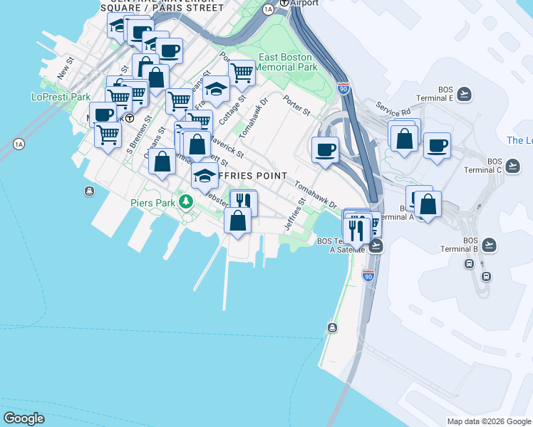 map of restaurants, bars, coffee shops, grocery stores, and more near 273 Webster Street in Boston