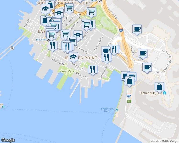 map of restaurants, bars, coffee shops, grocery stores, and more near 233 Webster Street in Boston