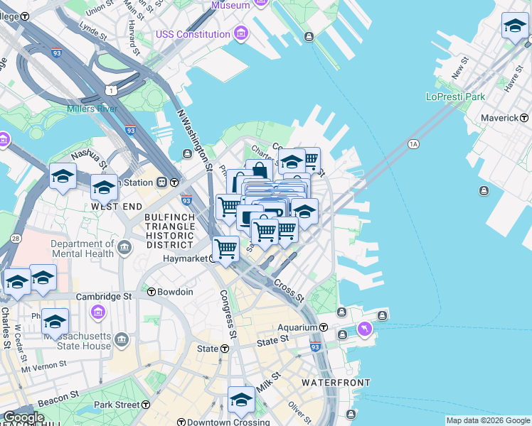 map of restaurants, bars, coffee shops, grocery stores, and more near in Boston